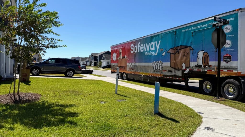 Moving truck parked in residential area