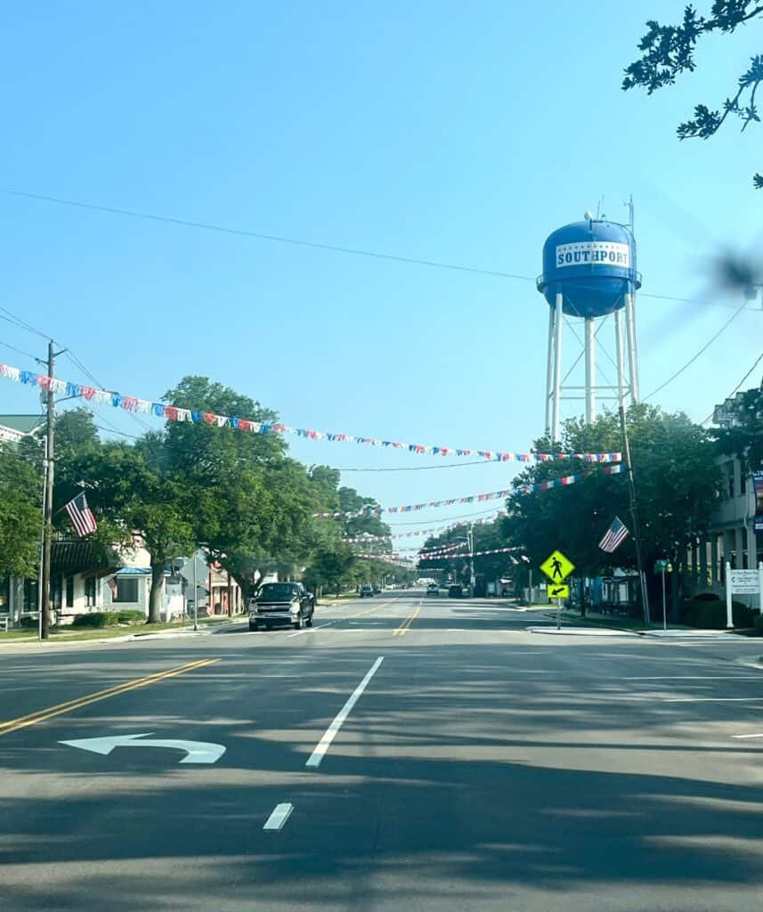 Southport water tower — a symbol of Brunswick County water quality and the county's shift to reverse osmosis treatment.