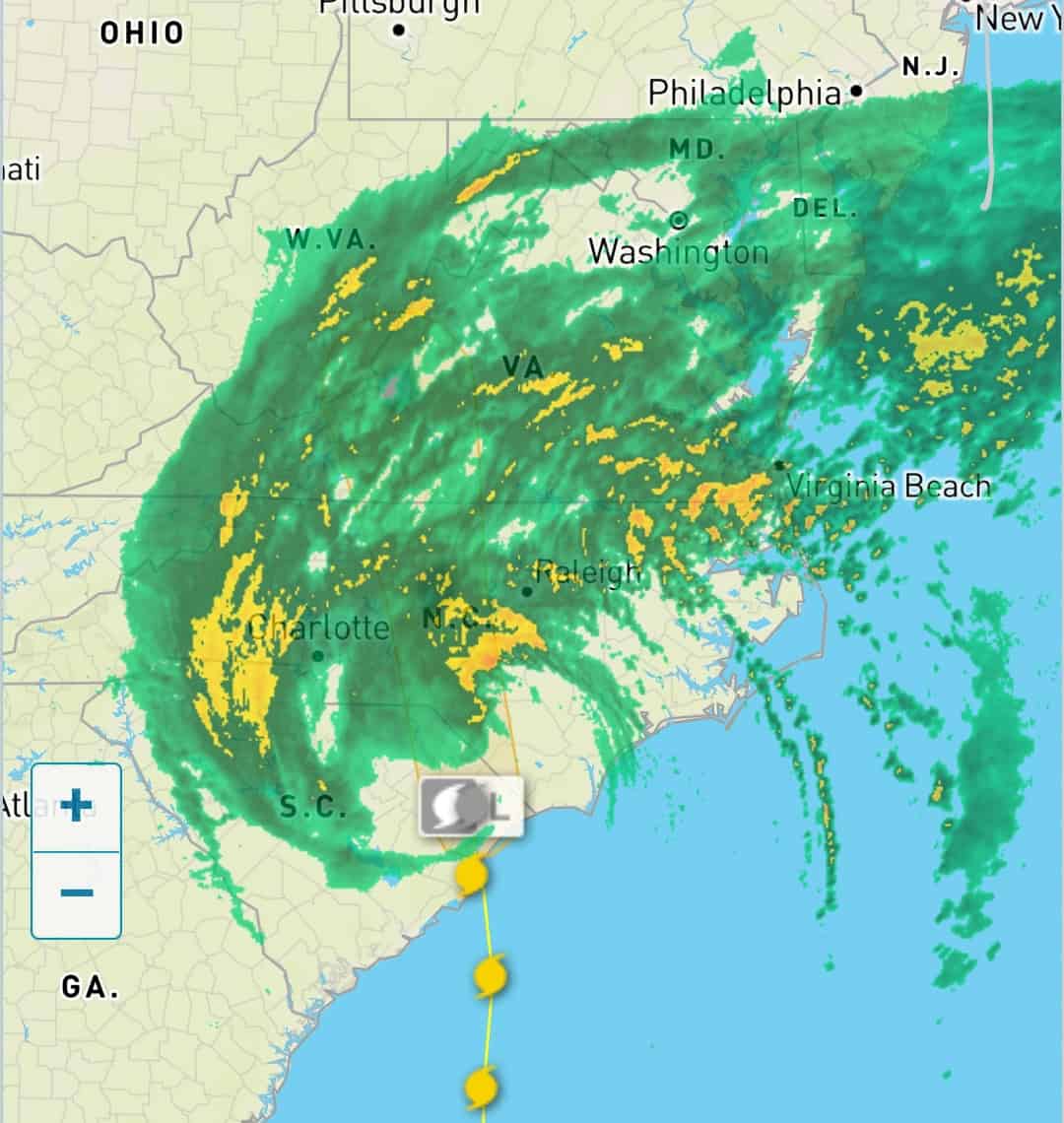 Satellite image of a hurricane near Wilmington, North Carolina.