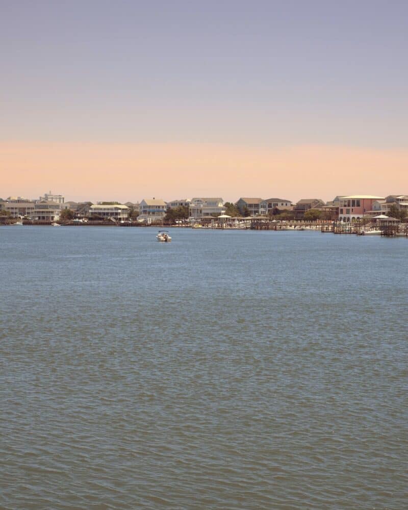 Waterfront homes at sunset near Wilmington, NC