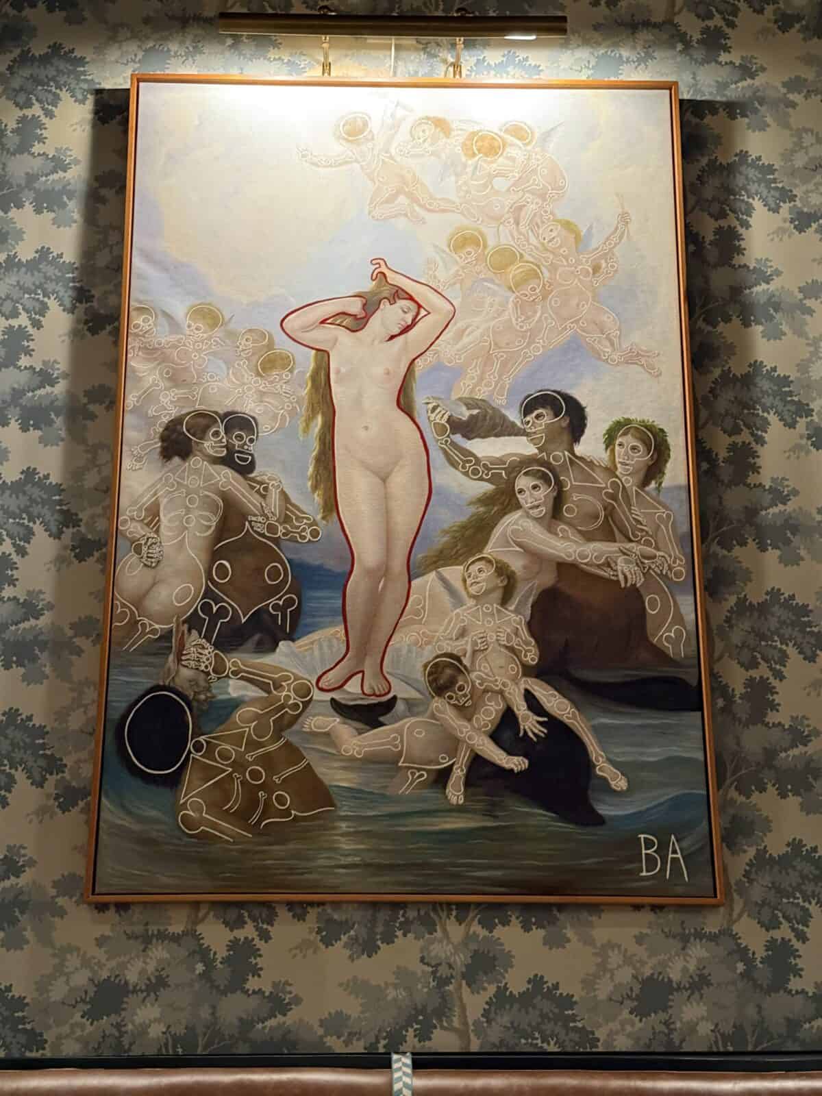 Colorful artistic painting of a nude woman with traditional dancers around her.