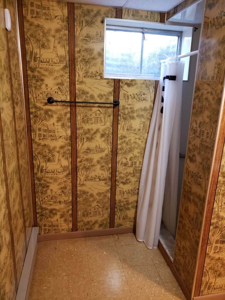 Basement bathroom before renovation with vintage wallpaper