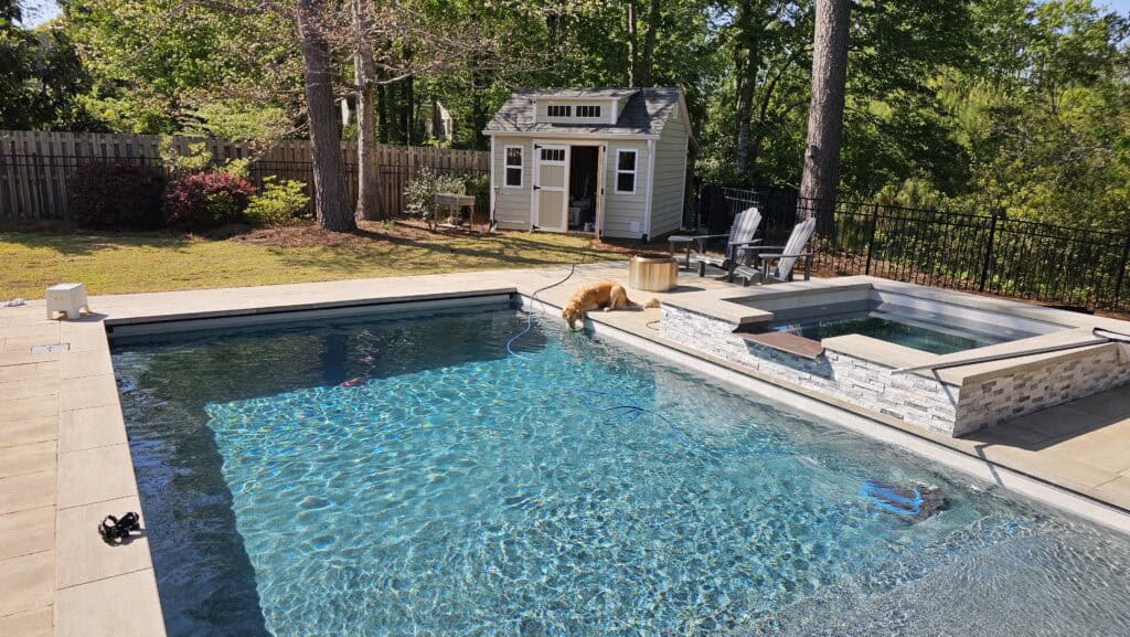 Goose the golden retriever watching Squidward the robotic pool cleaner from the spa edge
