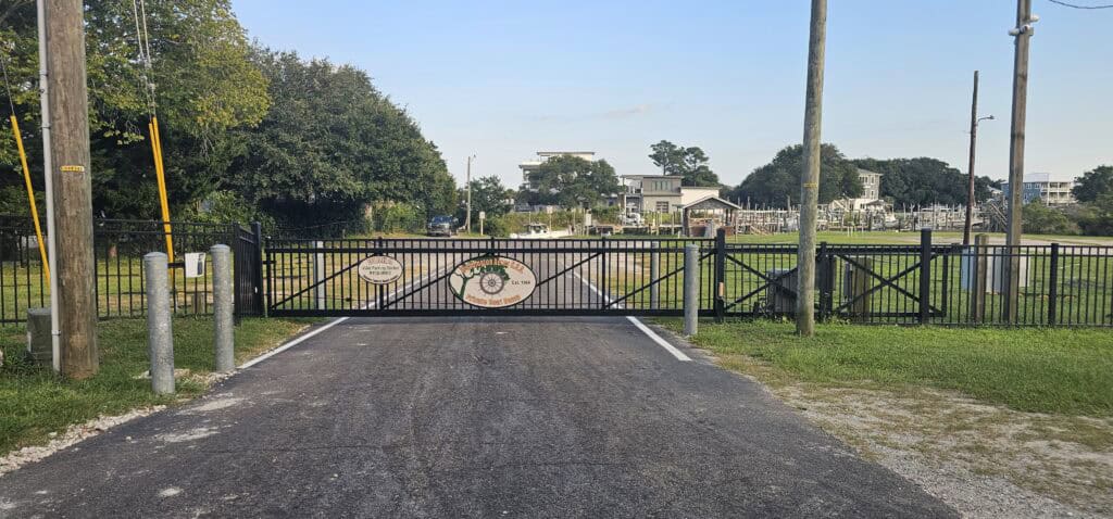 Gated private boat ramp with a parking sticker required, near Wilmington NC