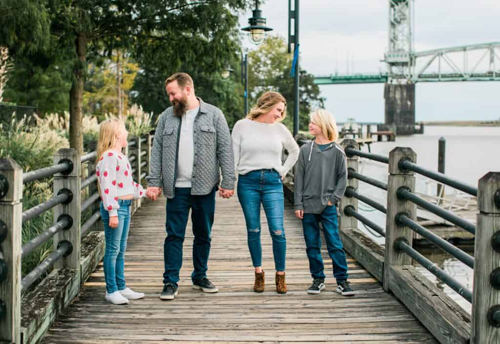 The Klein family on the Riverwalk pier in downtown Wilmington, NC