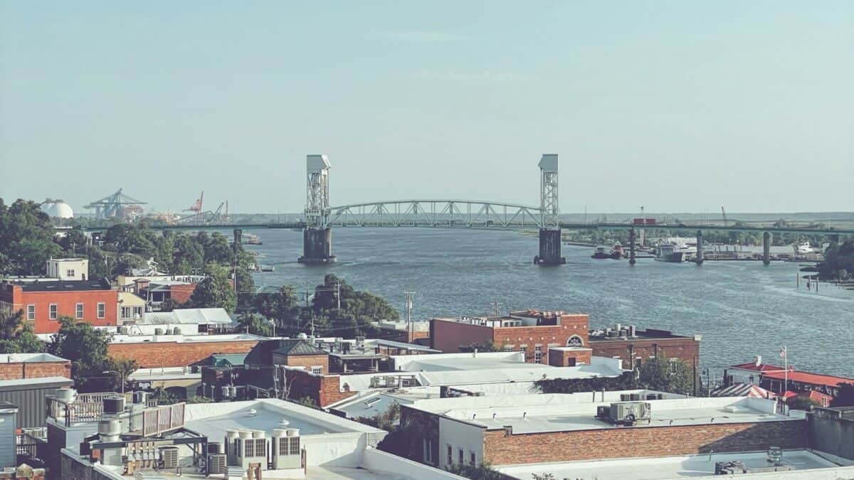 View of Wilmington river bridge and city skyline from an elevated perspective.