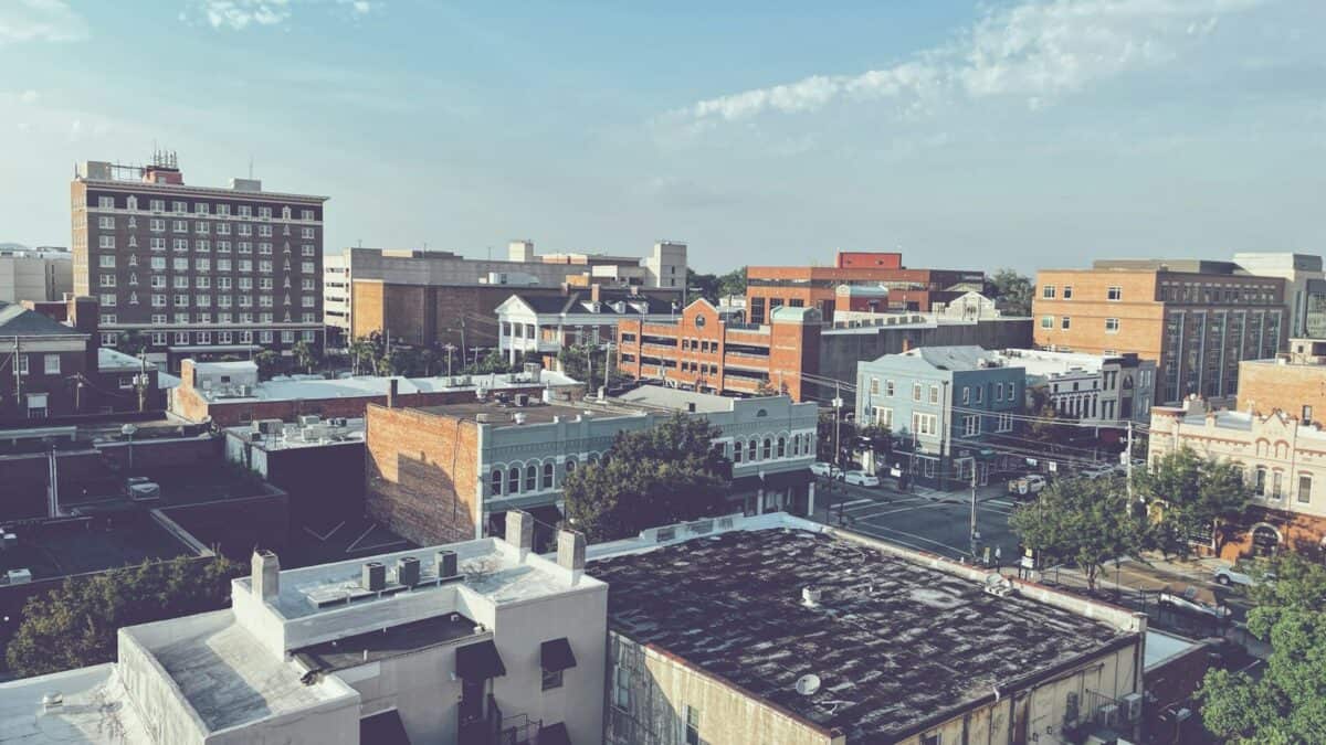 Aerial view of Wilmington downtown with buildings and streets.