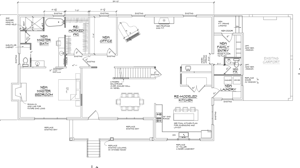 Main floor plan showing the new primary bath, reworked walk-in closet, new office, remodeled kitchen, family entry and laundry