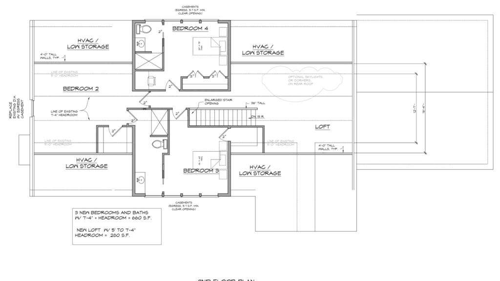 Second floor plan turning the attic into three new bedrooms and baths plus a loft