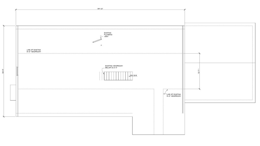 Original second floor plan of our 1970s rancher before the renovation: an unfinished attic with a single staircase and dashed lines marking the low 5-foot headroom