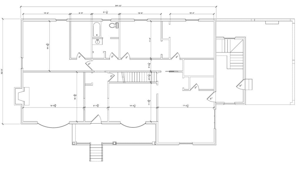 Original main floor plan of our 1970s brick rancher before the renovation, with a chopped-up room layout, one hall bath, a fireplace wall, the front porch and the attached carport