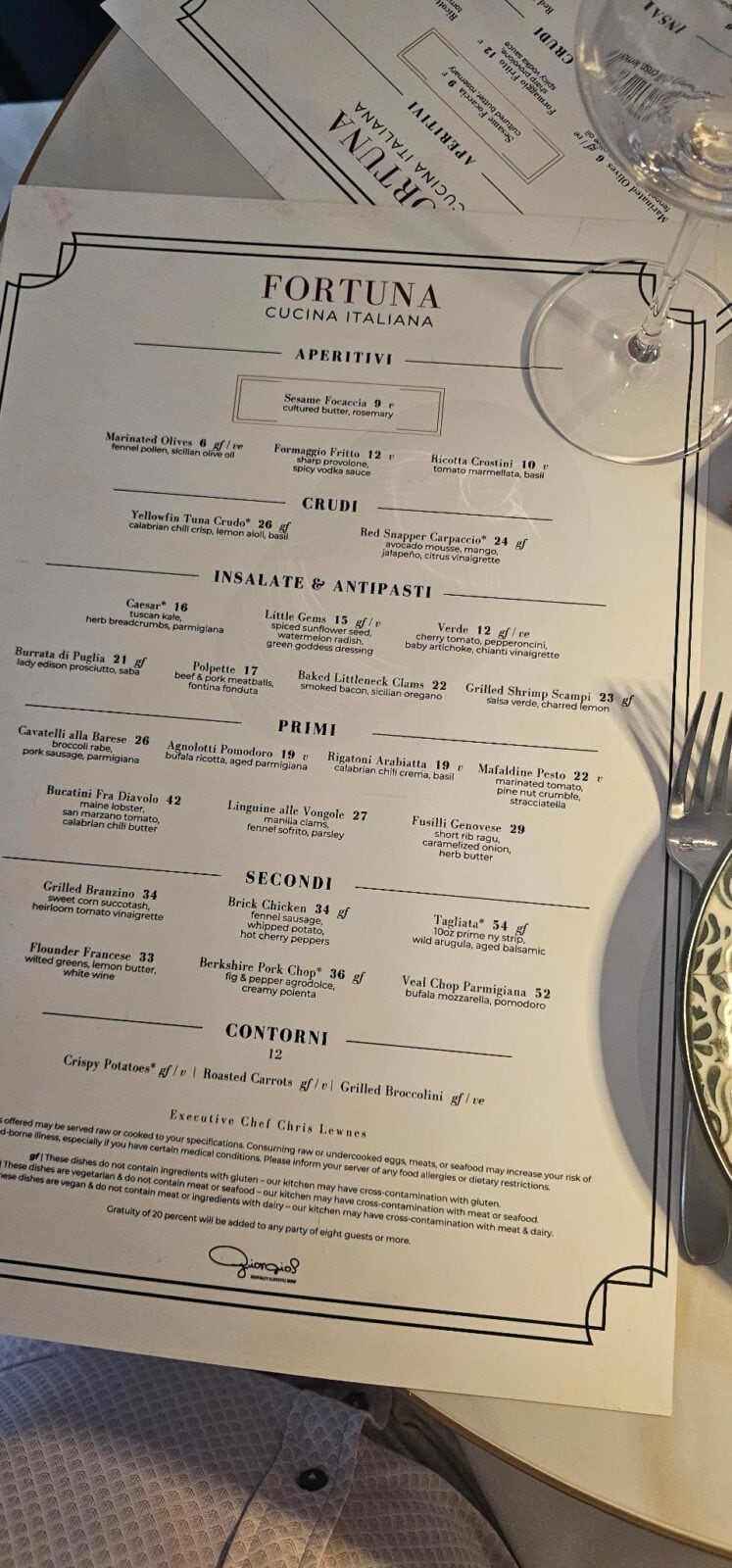 The menu at Fortuna Cucina Italiana in Wilmington NC, with handmade pastas and the wine list