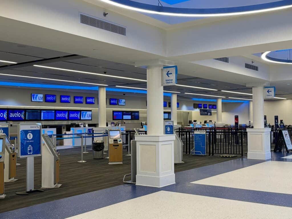 Check-in counters and kiosks at Wilmington International Airport (ILM) in Wilmington NC